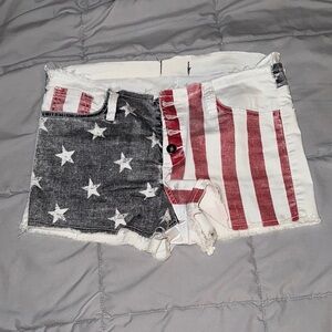Red and White Distressed Jean Shorts